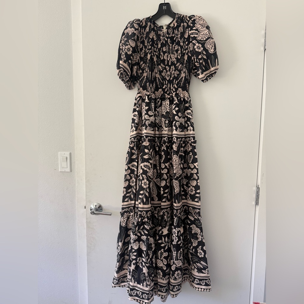Farm Rio Graphic Tiered Puff Sleeves Maxi Dress Size XS - Picture 2 of 5